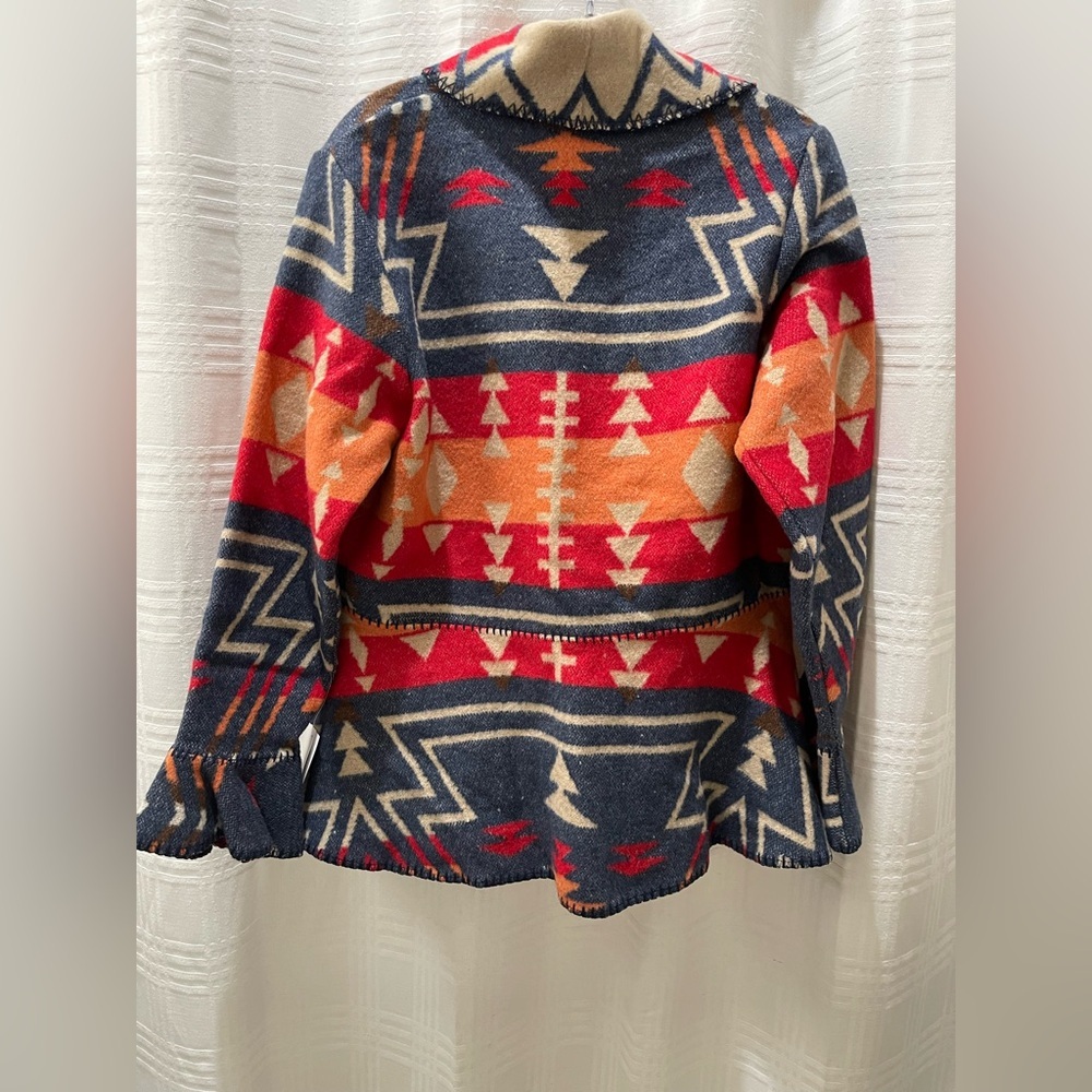 NEW Rhonda Stark denim Zuni flounce wrap wool blend Aztec pattern - Picture 2 of 10